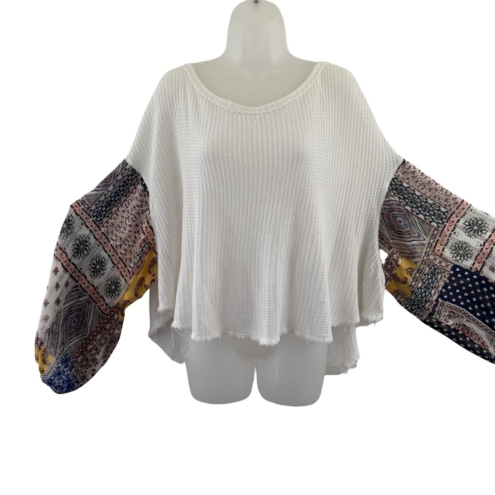 By Together Blouse Womens Small White Waffle Knit Boho Balloon Sleeve Top Raw - Picture 6 of 14
